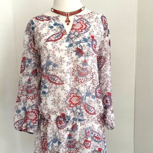 CHICO'S SEMI-SHEER FLORAL PRINT RUFFLE HEM TUNIC TOP SZ 2 (LG)